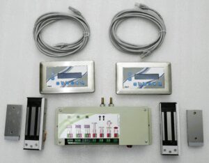 Cleanroom lcd-passbox control-system 2-d-600-dpg with dual touchscreen panels, electromagnetic locks, control unit, and Ethernet cables for access management.