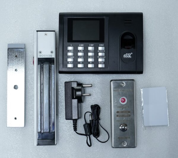 1-door access control system biometric kit with fingerprint scanner, electromagnetic lock, power adapter, exit button, and RFID cards.