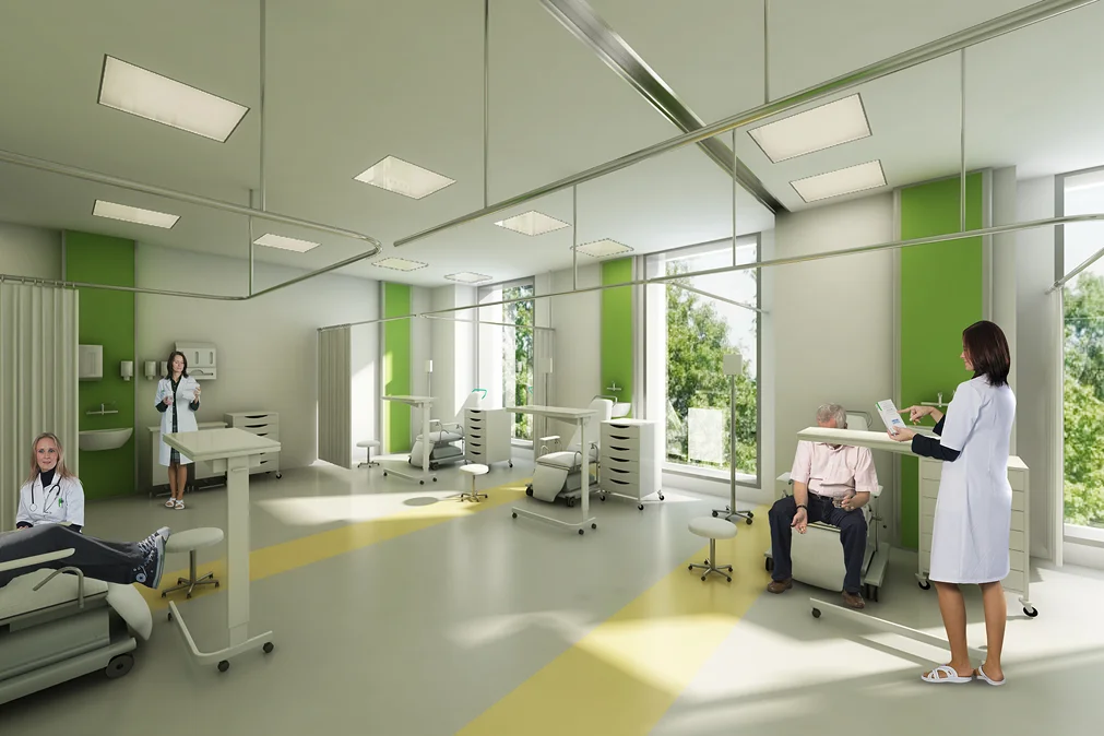 Modern hospital treatment room with multiple patient chairs, doctors attending to patients, and clean, well-lit interiors featuring green accent walls and large windows.