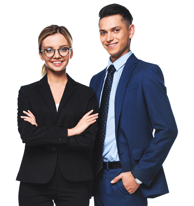 Two confident business professionals, a woman and a man in formal attire, standing side by side and smiling, isolated on a transparent background.
