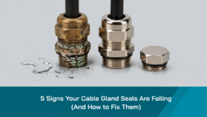 AI-generated image of cable gland failure signs and maintenance audit showing damaged and new industrial sealing components