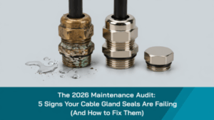 AI-generated image of cable gland failure signs and maintenance audit showing damaged and new industrial sealing components