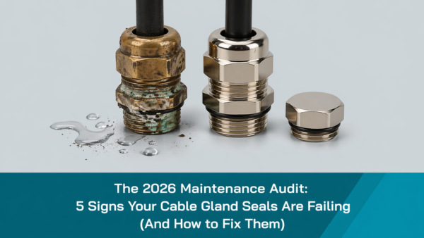 AI-generated image of cable gland failure signs and maintenance audit showing damaged and new industrial sealing components