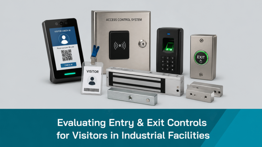AI generated banner image of blog showing biometric access control devices, visitor management terminal and electromagnetic lock for industrial entry and exit security