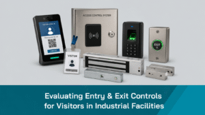 AI generated banner image of blog showing biometric access control devices, visitor management terminal and electromagnetic lock for industrial entry and exit security