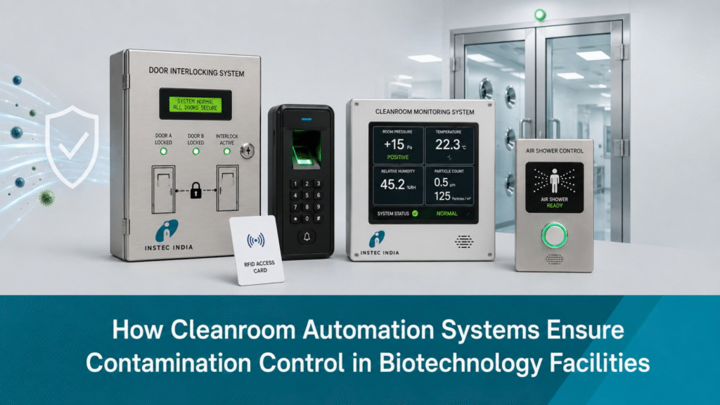 AI generated banner image of blog showing cleanroom automation systems, door interlocking controls, biometric access and monitoring devices for contamination control in biotechnology facilities